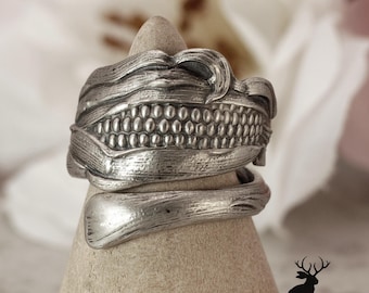 Zea Mays Wrap Ring, Sterling Silver Corn Ring, Vegetable Garden Spiral Ring, Elegant Maize Ring, Nature-Inspired Spoon Ring, 2324B