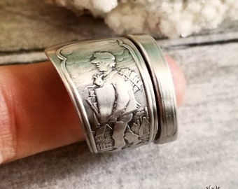 Sterling Play Ring, Boy Carrying Books Ring, Handmade Sterling Silver Ring, Unique Vintage Jewelry Gift, Unique Antique Jewelry,  1946