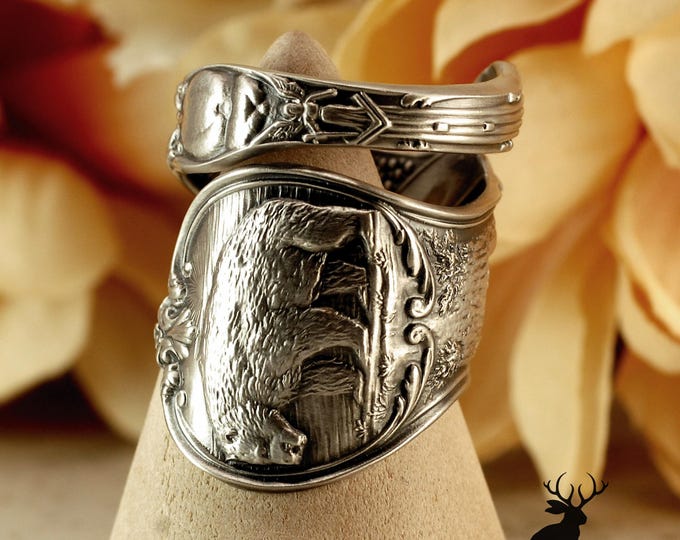 Silver Bear Ring, Sterling Silver California Bear Ring, Bear Wrap Ring, Grizzly Bear Silver Ring, Silver Brown Bear Spoon Ring, 2347