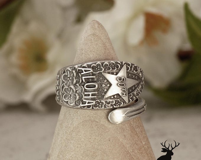 Vintage Aloha Ring, Hawaii Souvenir Wrap Ring, Dainty Hawaiian History Gift, Art Nouveau Sterling Silver Spoon Ring, Tropical Jewelry, 2198