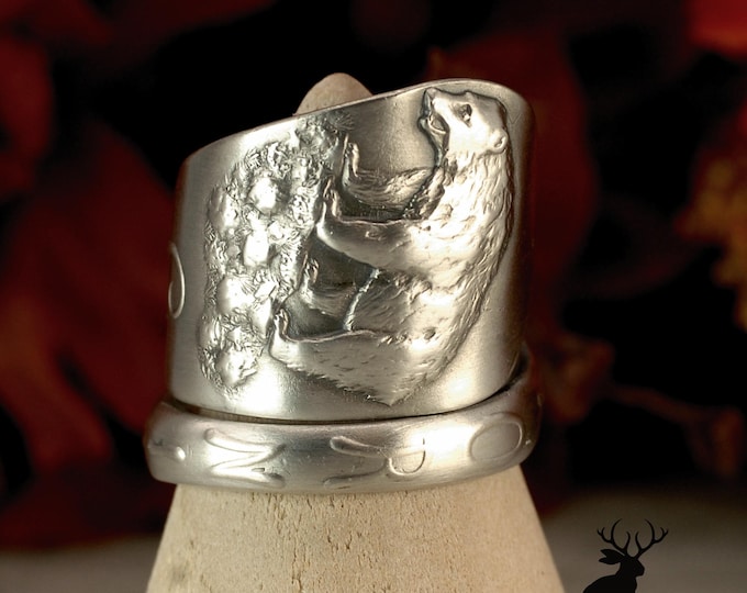 Silver Bear Ring, Sterling Silver California Bear Ring, Bear Wrap Ring, Grizzly Bear Silver Ring, Silver Teddy Spoon Ring, 2391