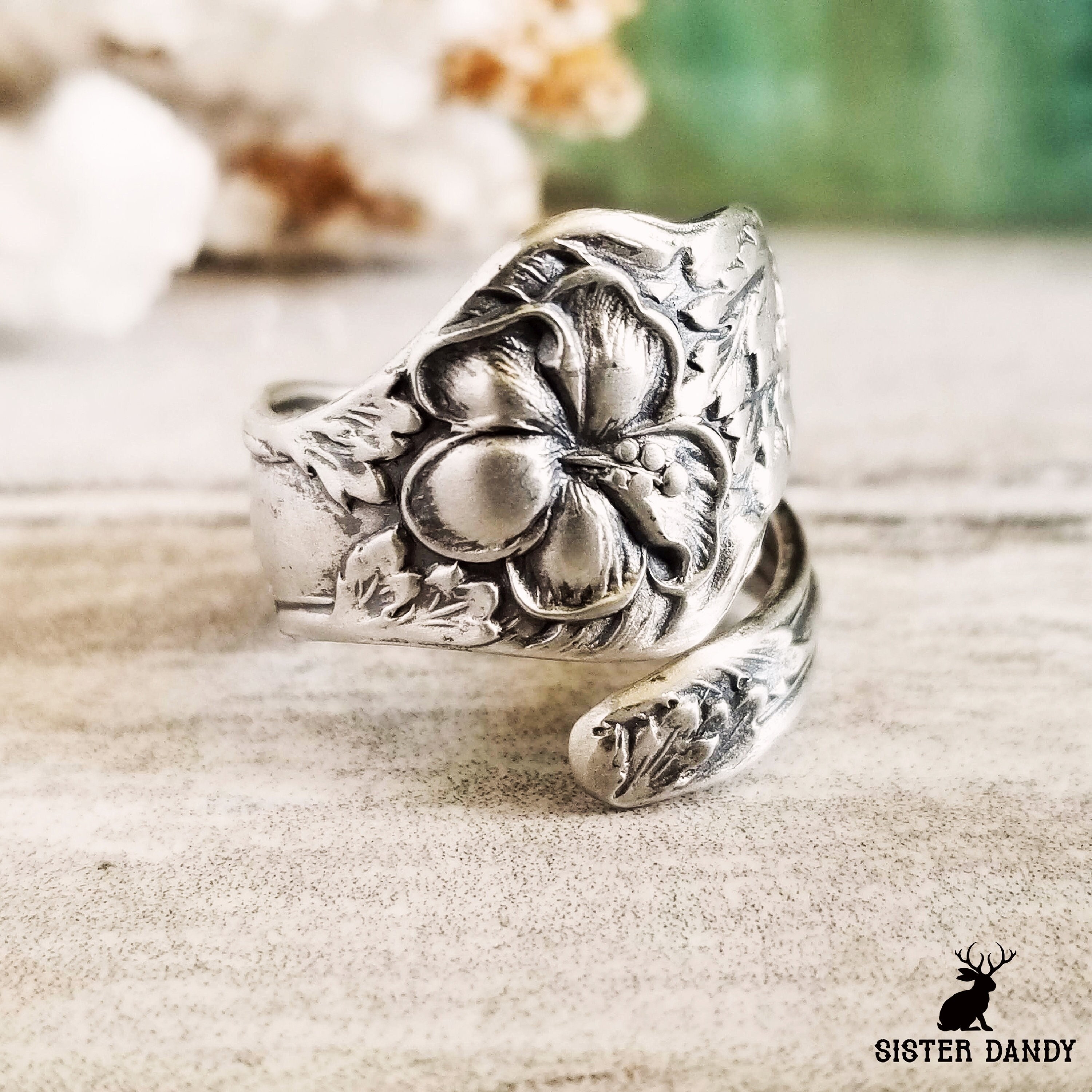 Hibiscus Floral Bloom Ring, Tropical Art Nouveau Ring