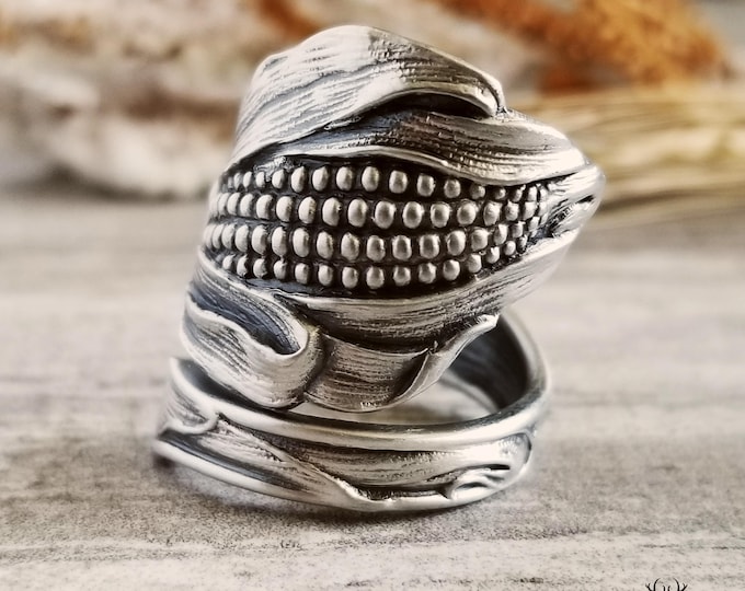 Zea Mays Ring, Sterling Corn Ring, Vegetable Garden Ring, Handmade Maize Ring, Vintage Spoon Jewelry, Nature Inspired Leaf Spoon Ring, 2062