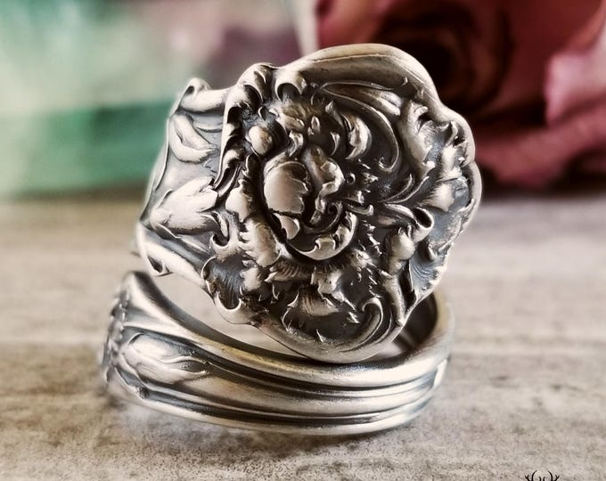 Antique Sterling Carnation Ring, Handmade Dianthus Ring, Elegant Flower Ring, Floral Wrap Ring, Art Nouveau Sterling Adjustable Ring, 2183