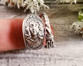 Art Nouveau Sterling Cameo Ring, Sterling Victorian Spoon Ring, Spiral Boho Ring, Vintage Spoon Ring, Vintage Jewelry, Female Ring, 2076