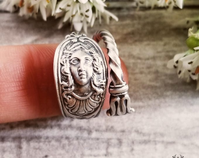Art Nouveau Sterling Cameo Ring, Sterling Victorian Spoon Ring, Spiral Boho Ring, Vintage Spoon Ring, Vintage Jewelry, Female Ring, 2076