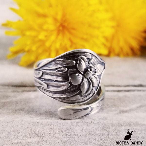 Daffodil Sterling Spoon Ring, Unique Floral Spoon Ring, Vintage Flower Spoon Ring, Silver Spoon Ring, Floral Ring, Antique Flower Ring, 867B