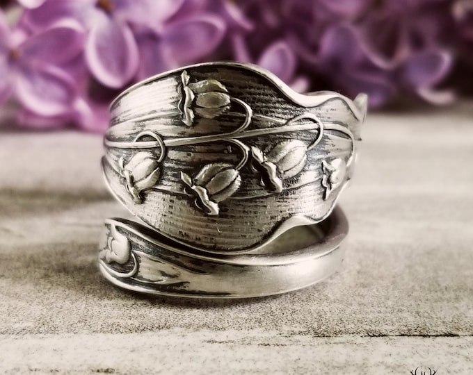 Sterling Bluebell Spoon Ring, Bluebell Flower Sterling Silver Spoon Ring, Vintage Floral Lily Ring, Antique Silver Flower Spoon Ring, 1533