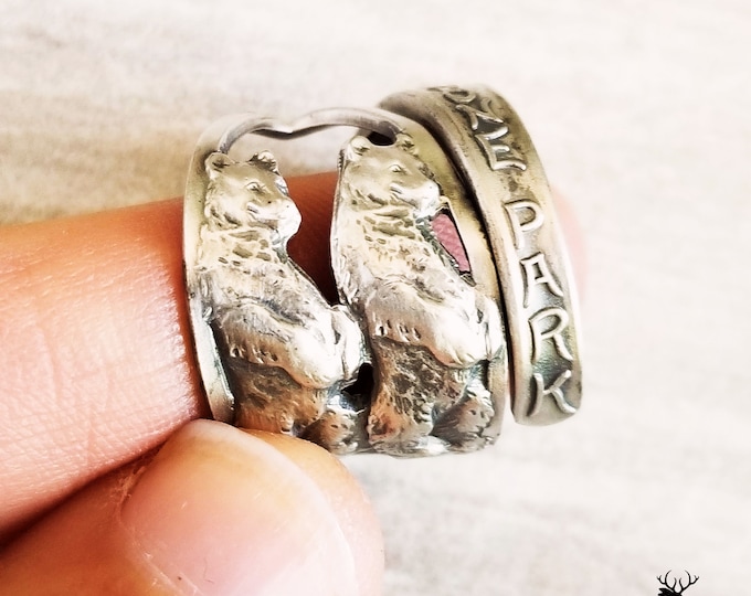 Sterling Yellowstone NP Ring, Silver Bear Cub Wrap Ring, Sterling Silver Bear Ring, Grizzly Bear Silver Ring, Teddy Bear Spoon Ring, 895