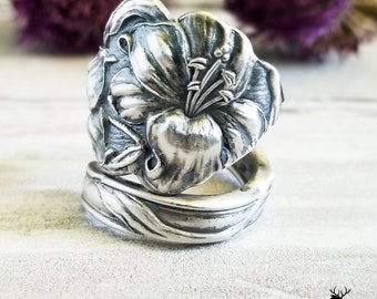 Silver Lily Spoon Ring, Art Nouveau Lily Ring, Vintage Flower Spoon Ring, Antique Floral Sterling Silver Spoon Ring, Boho Floral Ring, 405
