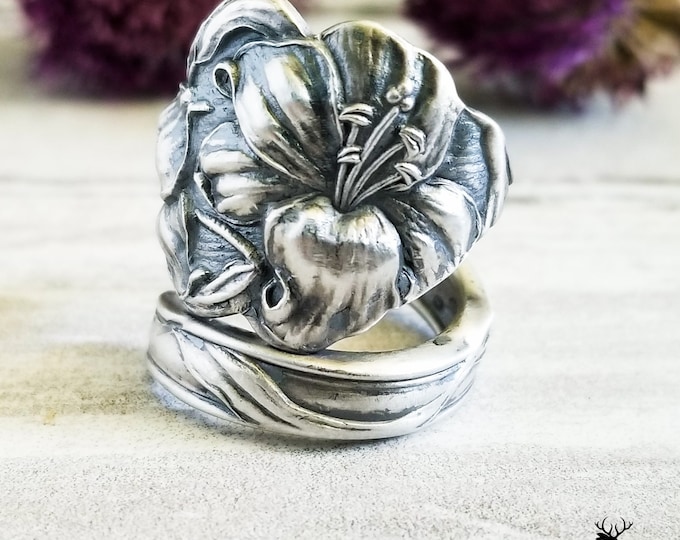 Silver Lily Spoon Ring, Art Nouveau Lily Ring, Vintage Flower Spoon Ring, Antique Floral Sterling Silver Spoon Ring, Boho Floral Ring, 405