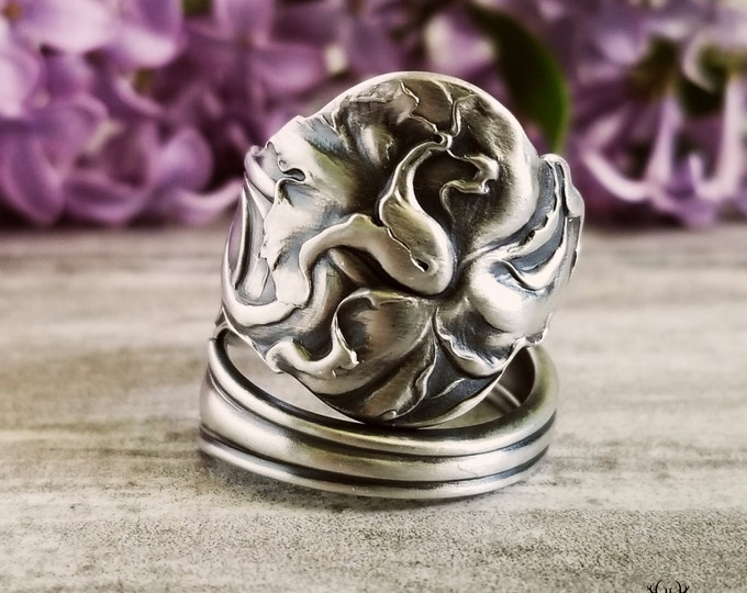 Sterling Orchid Ring, Antique Floral Bloom Ring, Butterfly Blossom Ring, Vintage Floral Jewelry, Unique Sterling Silver Spoon Ring, 1254