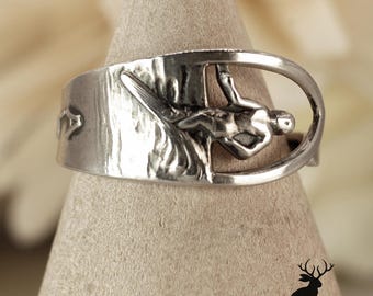 Small Aloha Surfer Ring, Unique Sterling Silver Hawaii Ring, Handmade Art Nouveau Dainty Water Sports Ring, Hawaiian Spoon Jewelry, 1939