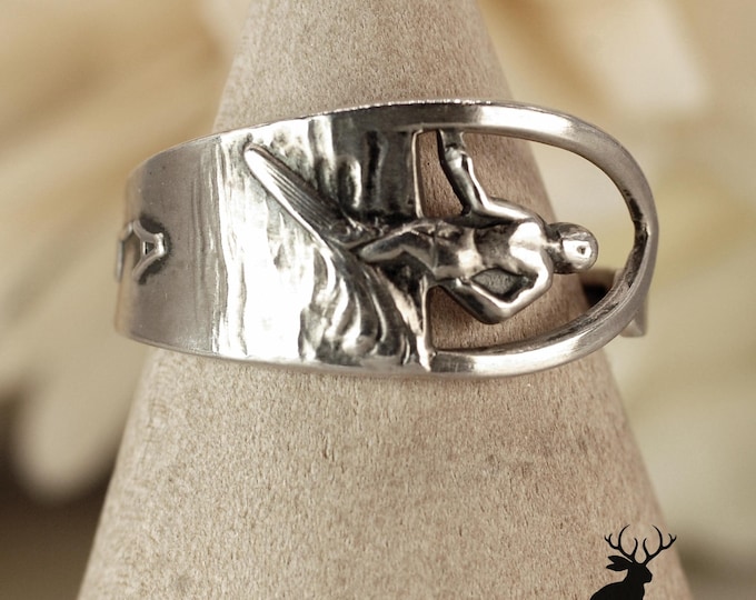 Small Aloha Surfer Ring, Unique Sterling Silver Hawaii Ring, Handmade Art Nouveau Dainty Water Sports Ring, Hawaiian Spoon Jewelry, 1939