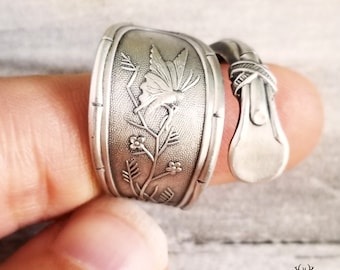 Elegant Butterfly Wrap Ring, Sterling Silver Butterfly Ring, Antique Butterfly Spiral Ring, Art Nouveau Insect Silver Spoon Ring, 1645