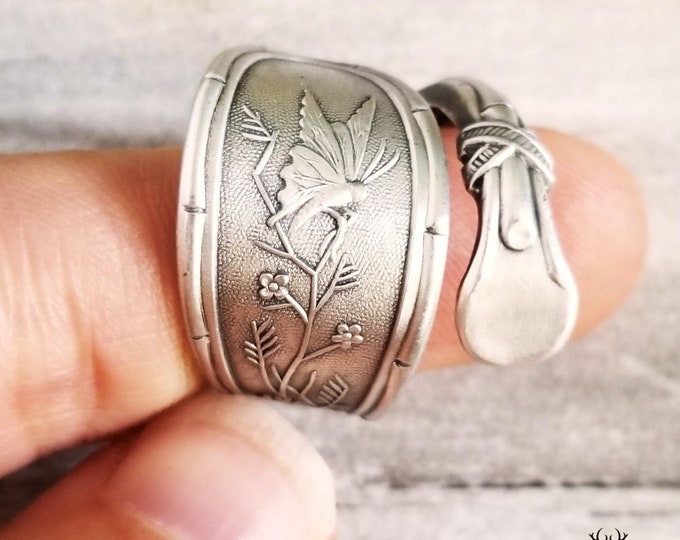 Elegant Butterfly Wrap Ring, Sterling Silver Butterfly Ring, Antique Butterfly Spiral Ring, Art Nouveau Insect Silver Spoon Ring, 1645