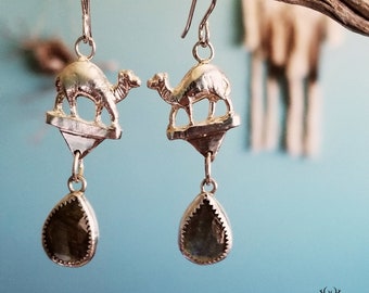 Labradorite Camel Earrings, Sterling Silver Dangle Earrings with Natural Labradorite, Elegant Sterling Silver Earrings, Labradorite Jewelry
