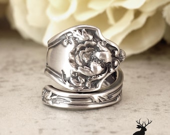 Unique Floral Poppy Sterling Ring, Antique Wildflower Wrap Ring, Vintage Flower Ring, Art Nouveau Sterling Silver Flower Spoon Ring, 2409
