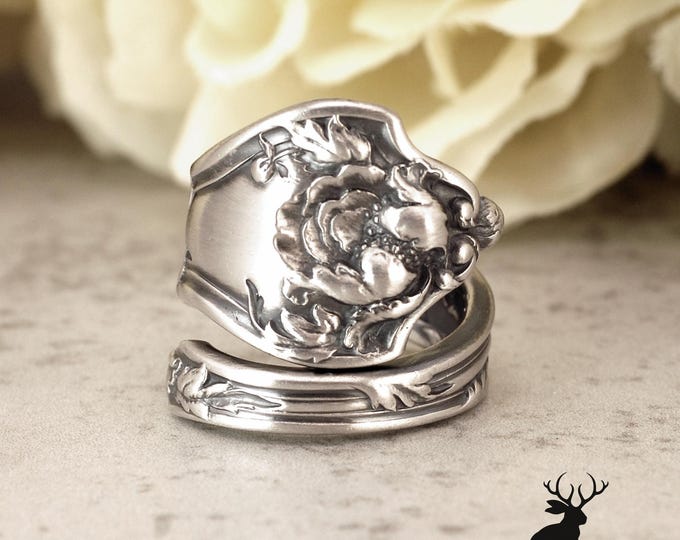 Unique Floral Poppy Sterling Ring, Antique Wildflower Wrap Ring, Vintage Flower Ring, Art Nouveau Sterling Silver Flower Spoon Ring, 2409