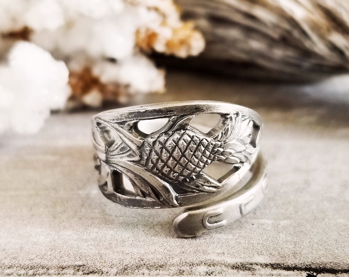 Dainty Pineapple Wrap Ring, Pineapple Spiral Ring, Vintage Hawaii Ring, Art Nouveau Sterling Silver Pineapple Spoon Ring, 869B