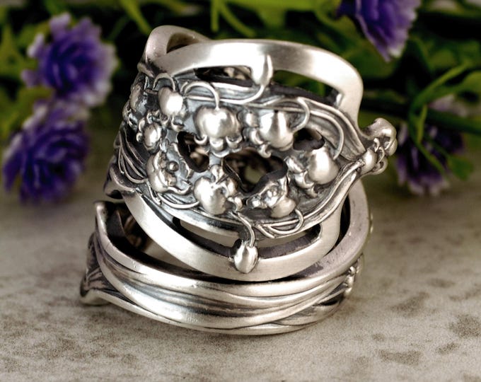 Alvin Lily of the Valley Wrap Ring, Spring Bloom Ring, Antique Silver Wildflower Ring, Vintage Sterling Silver Botanical Spoon Ring, 325