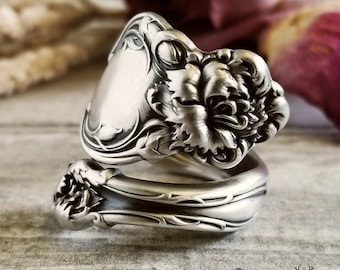 Carnation Bloom Ring, Art Nouveau Antique Dianthus Ring, Carnation Flower Ring, Unique Floral Spoon Jewelry, Sterling Spoon Ring, 1059