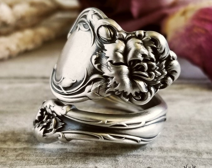 Carnation Bloom Ring, Art Nouveau Antique Dianthus Ring, Carnation Flower Ring, Unique Floral Spoon Jewelry, Sterling Spoon Ring, 1059