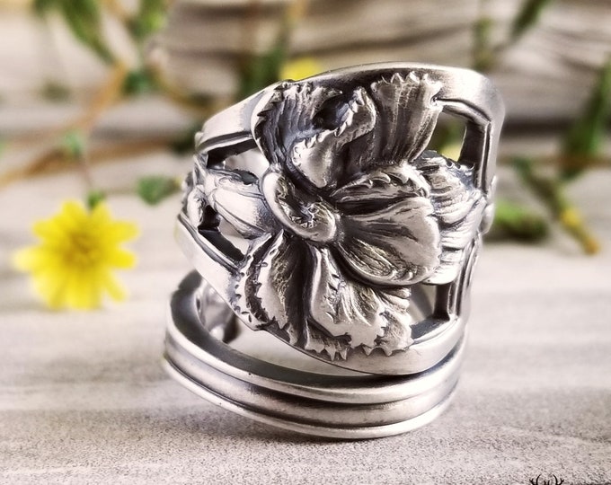 Art Nouveau Carnation Sterling Silver Ring, Antique Flower Spoon Ring, Flower Spoon Ring, Floral Spoon Jewelry, Sterling Spoon Ring, 734