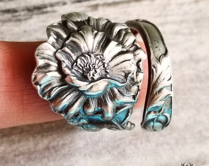 Antique Wildflower Poppy Spoon Ring, Floral Poppy Sterling Ring, Vintage Flower Ring, Art Nouveau Sterling Silver Flower Spoon Ring, 1659