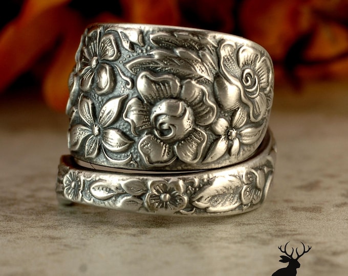 Elegant Wildflower Wrap Ring, Antique Sterling Silver Blossom Ring, Wedding Bridal Bouquet Ring, Botanical Ring, Floral Spoon Ring, 2173