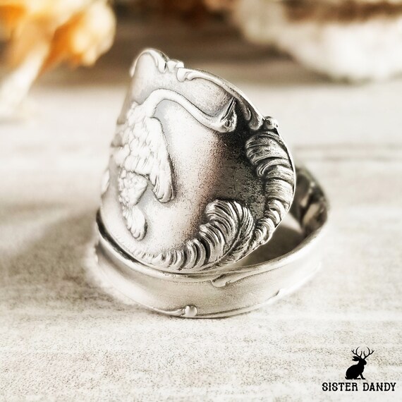 Sterling Ostrich Spoon Ring, Antique Bird Spoon Ring