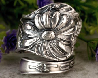 Sterling Daisy Statement Ring, Vintage July Daisy Ring, Flower Bloom Ring, Vintage Silver Wrap Ring, Sterling Silver Floral Spoon Ring, 2278