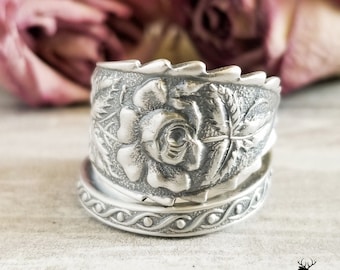 Sterling Rose Wrap Ring, Sterling Rose Ring, Sterling Spoon Ring, Vintage Rose Ring, Antique Rose Jewelry, Retro Rose Ring, Rose Ring, 1012