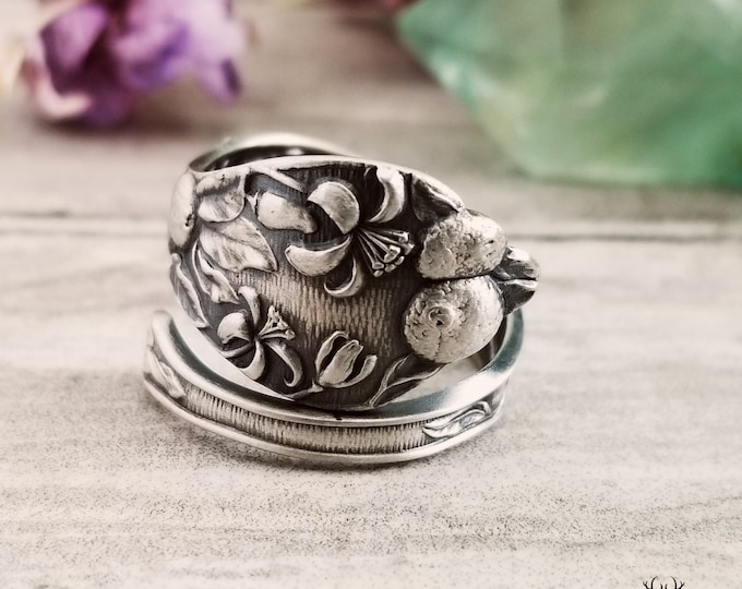 Sterling Silver Fruit Blossom Ring, Vintage Citrus Ring, Orange Spoon Ring, Art Nouveau Sterling Nature Ring, Unique Jewelry Gift, 1841