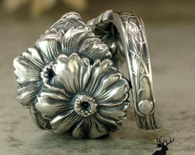 Stunning Poppy Bloom Ring, Floral Poppy Sterling Ring, Vintage WildFlower Ring, Art Nouveau Sterling Silver Spring Blossom Spoon Ring, 1815