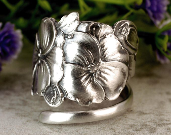 Unique Pansy Wrap Ring, Vintage Pansy Spiral Ring, Silver Elegant Flower Bloom Ring, Vintage Spoon Jewelry, Sterling Silver Spoon Ring, 2286