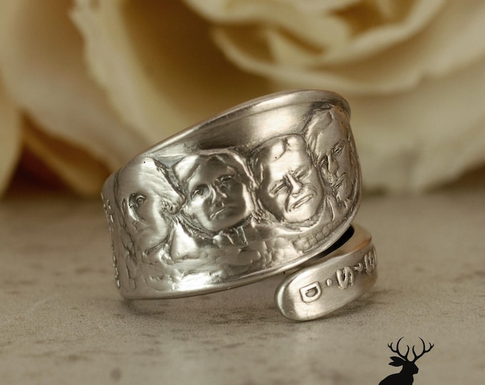 Mount Rushmore Wrap Ring, Sterling Black Hills Ring, Historical President Ring, Vintage Rushmore Ring, Silver South Dakota Spoon Ring, 1312C