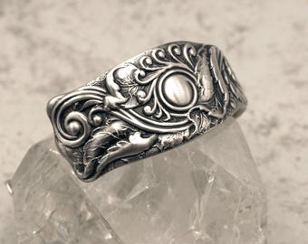 Sterling Silver Botanical Floral Bloom Bracelet, Antique Silver Flowers & Foliage Bracelet, Nature-Inspired Victorian Bracelet, 205BR