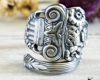 Vintage Victorian Column Ring, Sterling Towle Wrap Ring, Sterling Boho Rococco Ring, Antique Pillar Sterling Silver Spoon Ring, 864