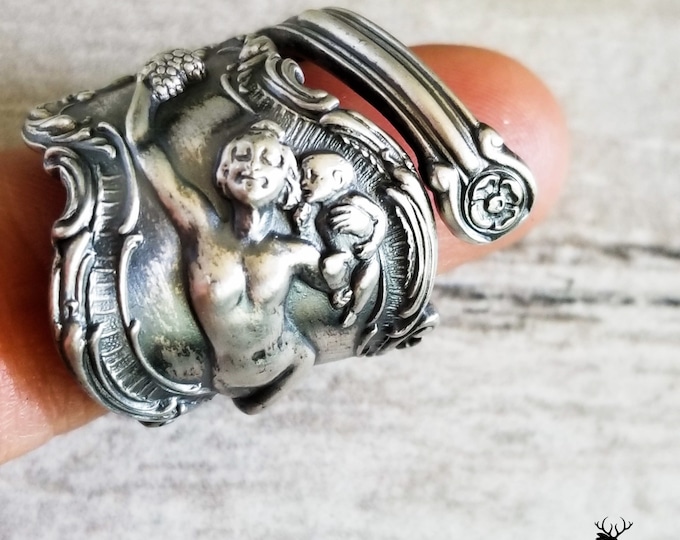 Rare Wide Love Goddess Sterling Ring, Vintage Goddess Wrap Ring, Watson Spoon Ring, Vintage Spoon Jewelry, Sterling Silver Spoon Ring, 577