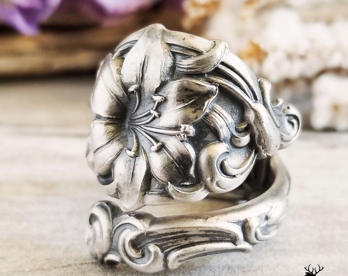Art Nouveau Lily Ring, Silver Lily Wrap Ring, Vintage Spiral Bloom Ring, Antique Floral Sterling Silver Alvin Silversmiths Spoon Ring, 199