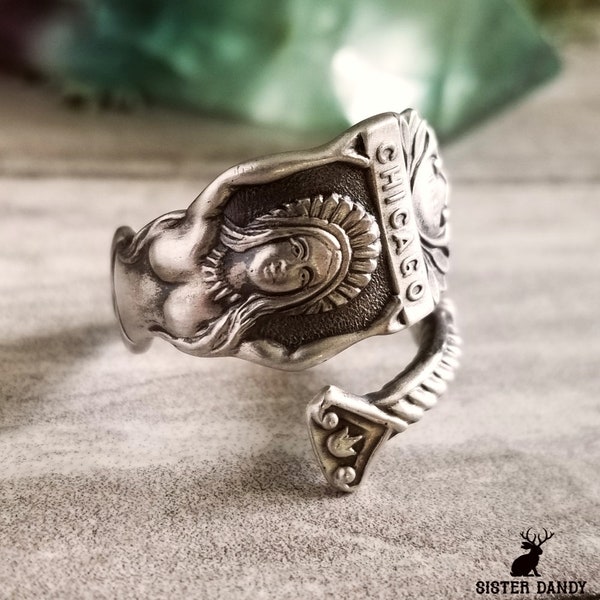 Goddess Chicago Spoon Ring, Siren Spoon Ring, Sterling Spoon Ring, Chicago Spoon Ring,  Sterling Silver Souvenir Spoon Ring, 1685