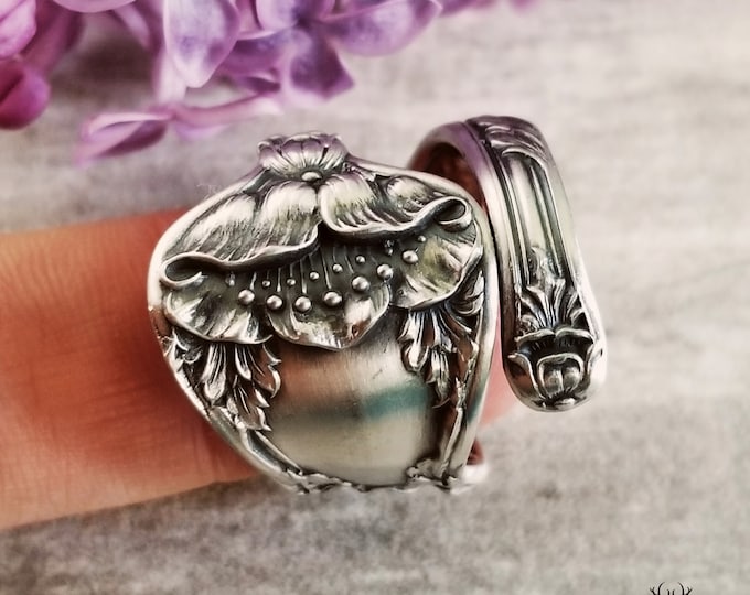 Unique Sterling Poppy Wrap Ring, Vintage Floral Ring, Sterling Wildflower Spoon Ring, Vintage Flower Ring, Sterling Flower Spoon Ring, 845B