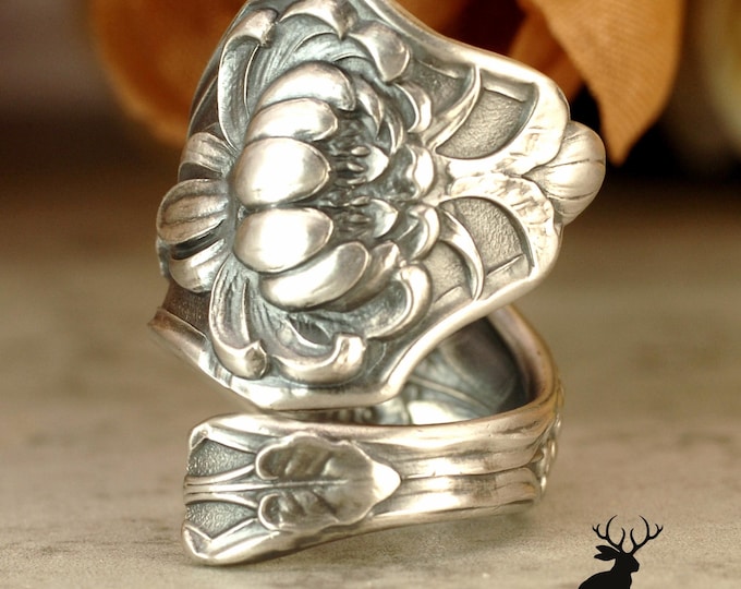 Sterling Lotus Wrap Ring, Silver Water Lilly Ring, Vintage Nymphaeaceae Bloom Ring, Antique Art Nouveau Water Lily Silver Spoon Ring, 2142