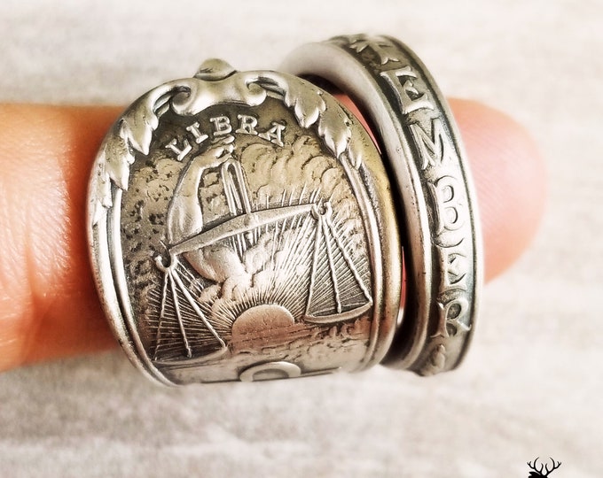 Libra Zodiac Wrap Ring, Sterling Silver Libra Ring, Silver Astrology Ring, Antique Astrological Libra Ring, Vintage Scales Spoon Ring, 996A