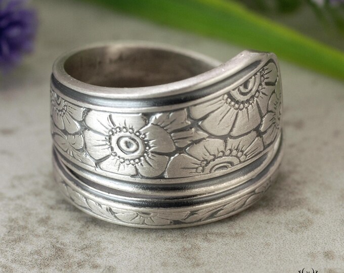 Engraved Wildflower Wrap Ring, Vintage Adjustable Silver Rosa Ring, Sterling Rosa Canina Bloom Ring, Sterling Antique Floral Spoon Ring,1705