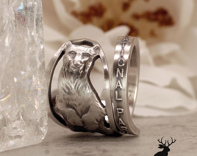 Silver Bear Ring, Sterling Silver Yellowstone NP Ring, Silver Bear Ring Gift, Grizzly Bear Silver Ring, Silver Teddy Bear Spoon Ring, 1713C