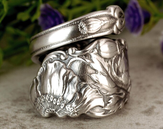 Rare Gorham Poppy Boho Ring, Sterling Silver Wild Poppy Wrap Ring, Vintage Flower Bloom Ring, Antique Sterling Silver Gorham Spoon Ring, 473