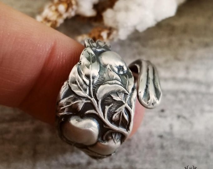 Sterling Apple Ring, Handmade Orchard Ring, Art Nouveau Fruit Ring, Silver Fruit Ring, Unique Botanical Jewelry, Nature Inspired Ring, 2139