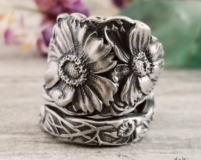 Art Nouveau Marigold Sterling Silver Ring, Antique Flower Wrap Ring, Spiral Bloom Ring, Floral Spoon Jewelry, Sterling Spoon Ring, 1750